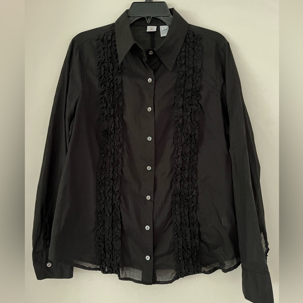 EuC Saks Fifth Avenue Real Clothes black ruffle blouse 14